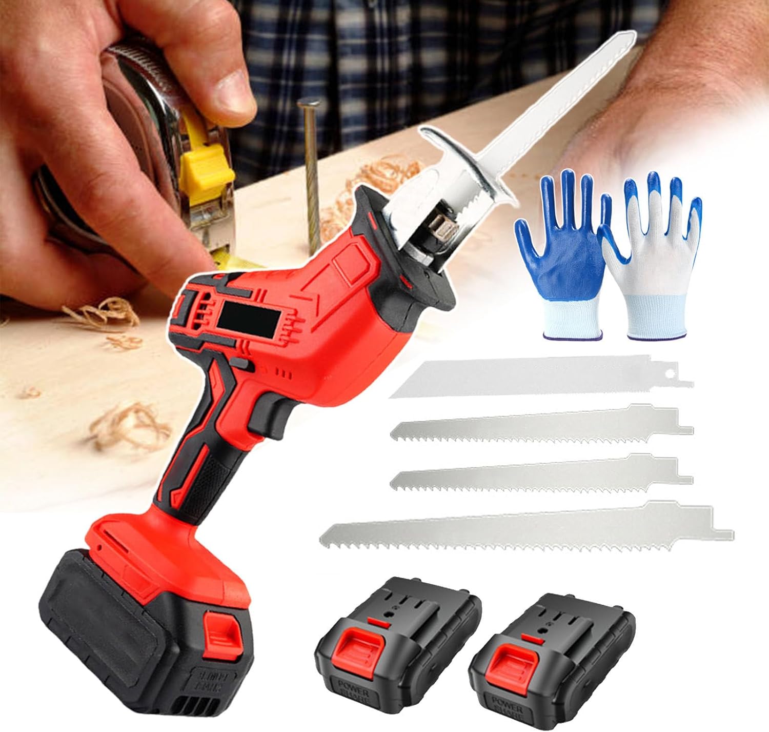Electric Reciprocating Saw for Horticulturist - Cordless Tree Branches Cutting Machine - 2 Rechargeable Battery/4 Saw Blades/12 Gloves - for Wood & Metal Cutting - Lightweight Body
