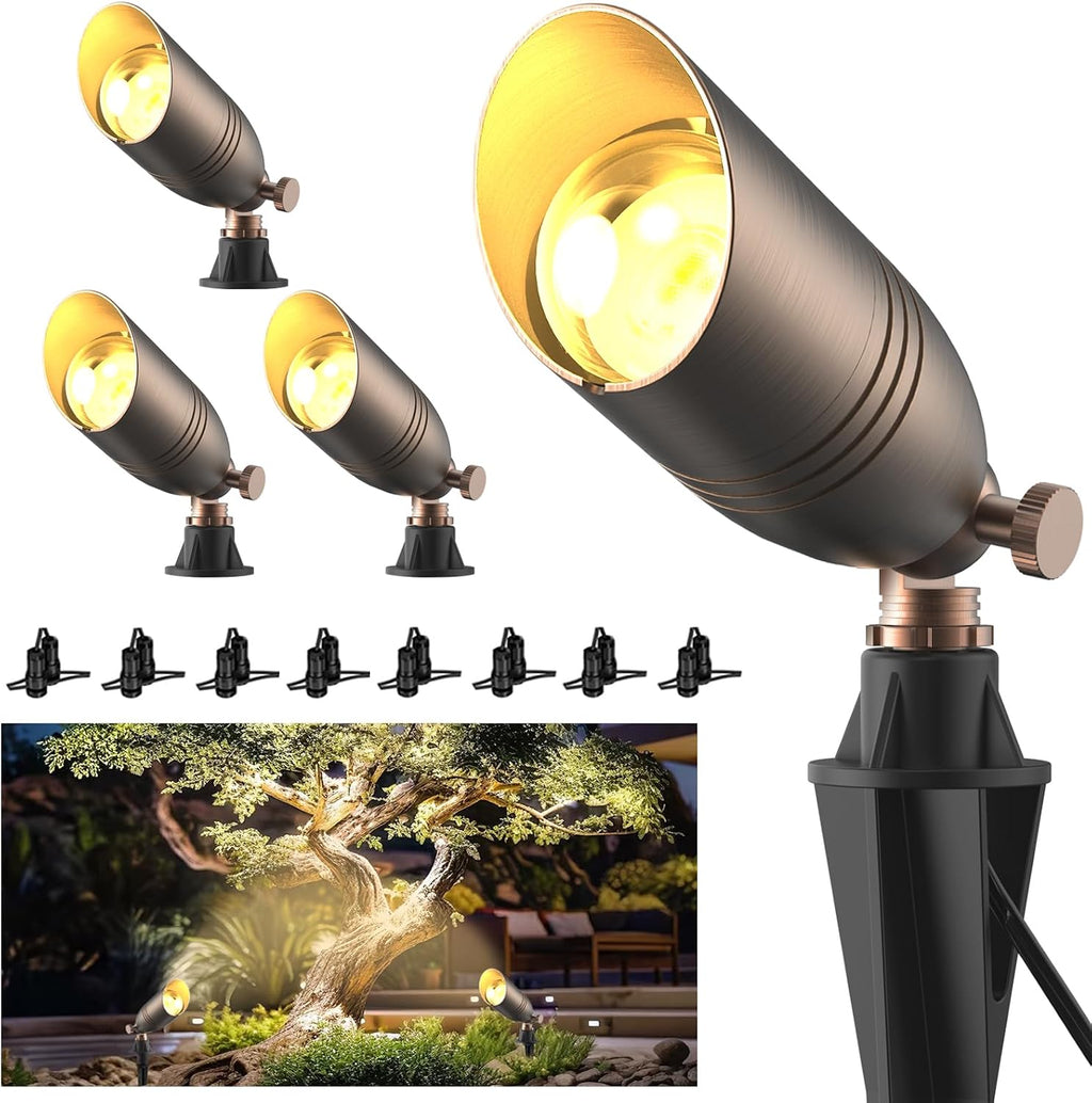 Solid Brass 12V Low Voltage Wired Landscape Lighting,Heavy-Duty Waterproof Outdoor Electric LED Spotlights Fixtures for Yard, Tree & Garden, Bronze Uplights, MR16 Bulb Not Included (Classic, 4 Pack)