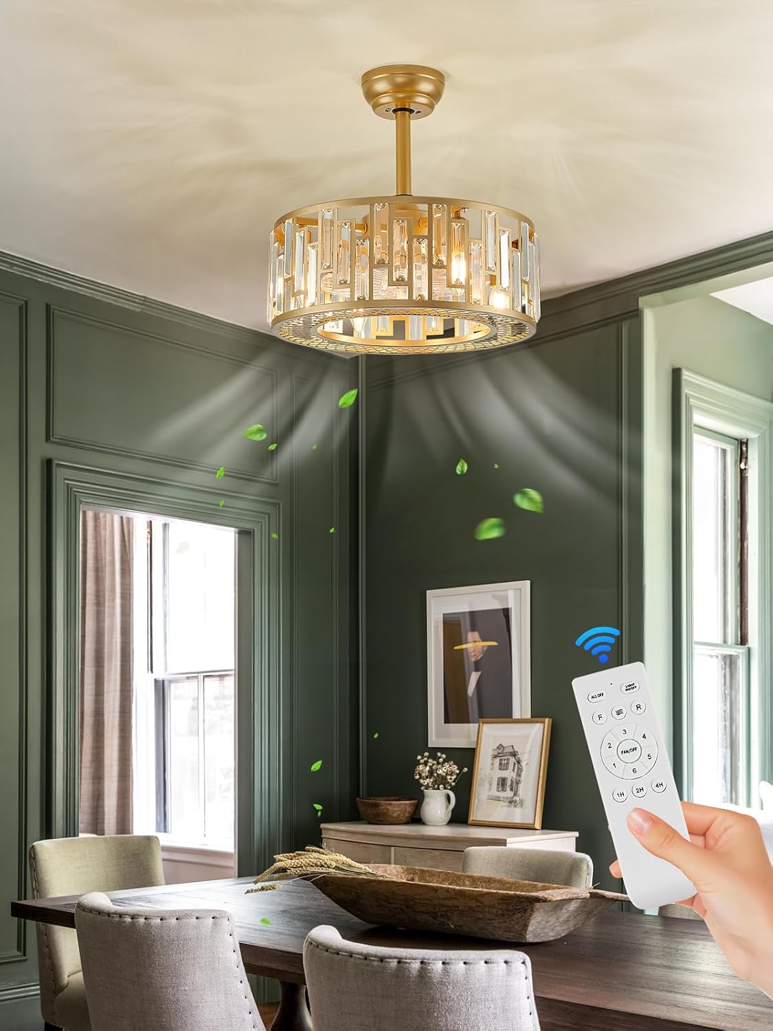 Gold Crystal Fandelier Kitchen Caged Ceiling Fan Light for Bedroom with Remote Control Modern Bladeless Brass Ceiling Fan Lighting Fixture for Dining Room Living Room