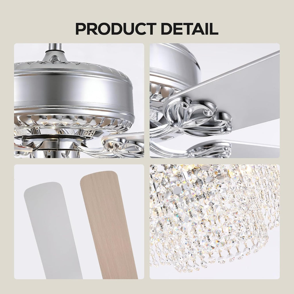 52 Inch Crystal Ceiling Fan with Light and Remote, Modern Reversible Chandelier Fan with Wood Blades, Elegant Fandelier Ceiling Light Kit for Bedroom Dining Room Living Room, Chrome