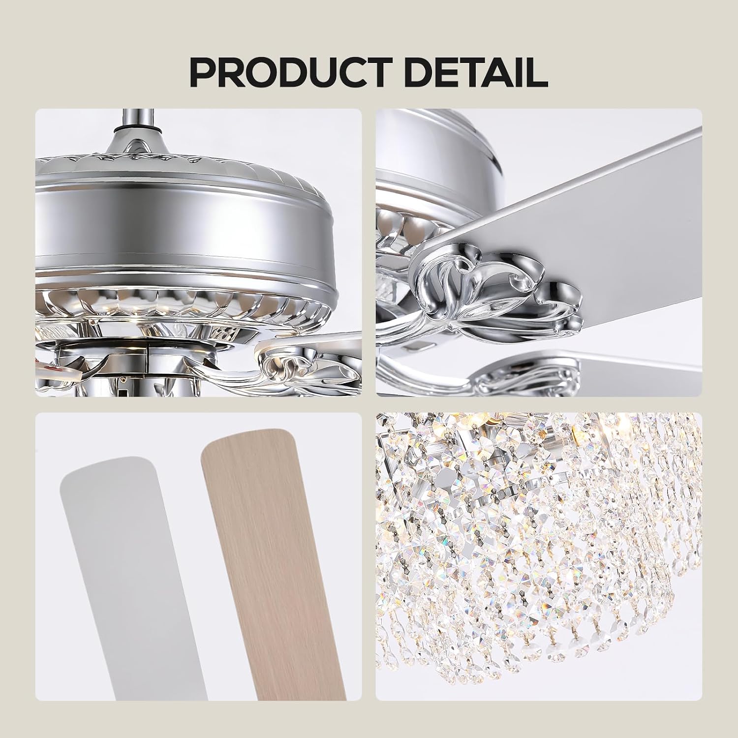 52 Inch Crystal Ceiling Fan with Light and Remote, Modern Reversible Chandelier Fan with Wood Blades, Elegant Fandelier Ceiling Light Kit for Bedroom Dining Room Living Room, Chrome