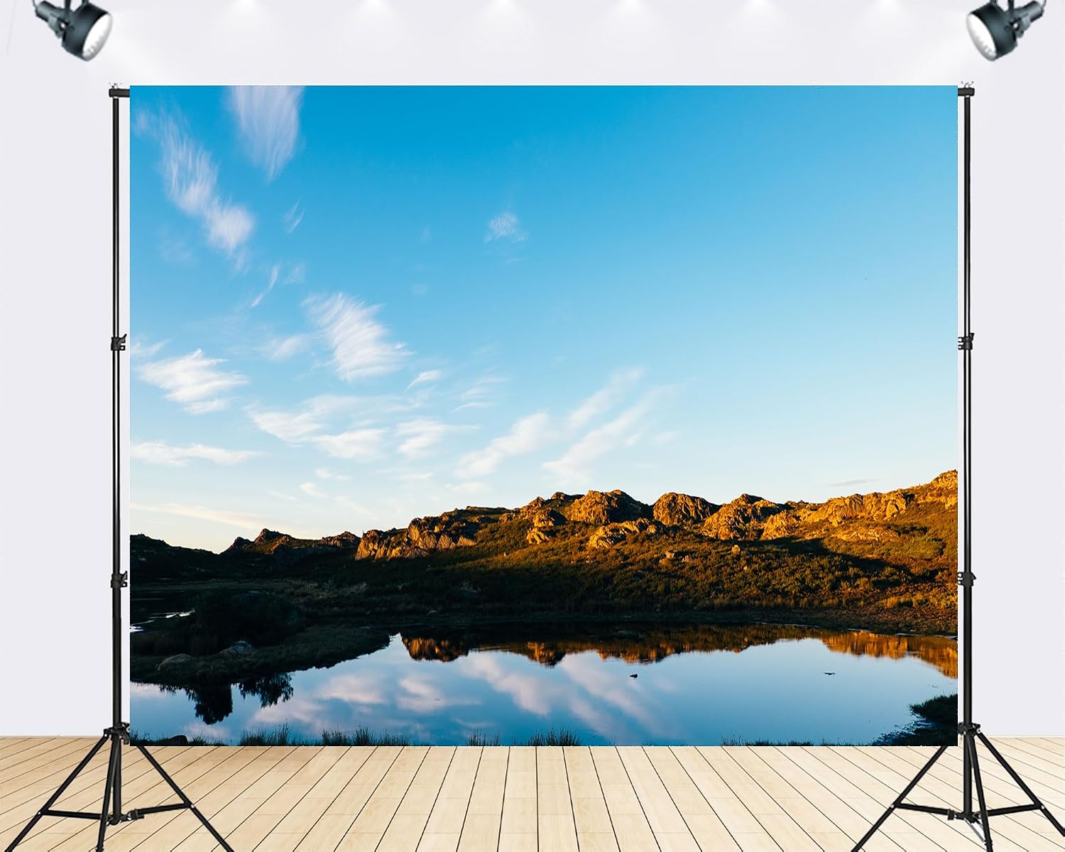 Trykid 20x10ft Lake Mountain Reflection Backdrop with Clear Blue Sky and Golden Rock Formations for Photography Background Bridal Shower Birthday Party Decoration Photo Booth Prop Fabric