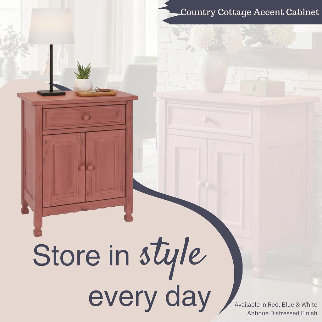 Alaterre Furniture Country Cottage Accent Cabinet with Drawer, Adjustable Shelf & 2 Doors – Rustic Farmhouse Sideboard Buffet Storage Cabinet for Living Room, Dining Room or Entryway (Red Antique)