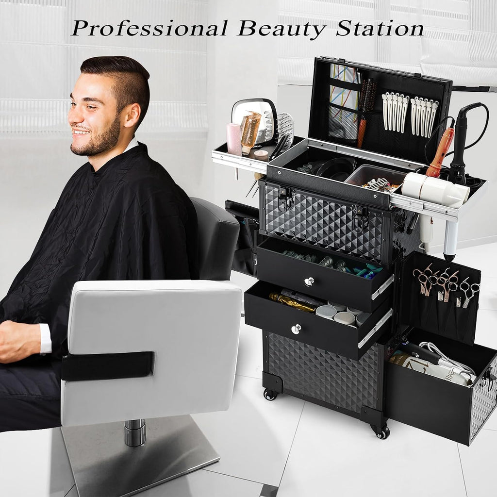 Joligrace Cosmetology Case on Wheels, Rolling Makeup Case for Hairstylists & Makeup Artists， Lockable Professional Make up Case Salon Trolley Cart with Hairdryer Holder for Salon/Barber/Travel, Black