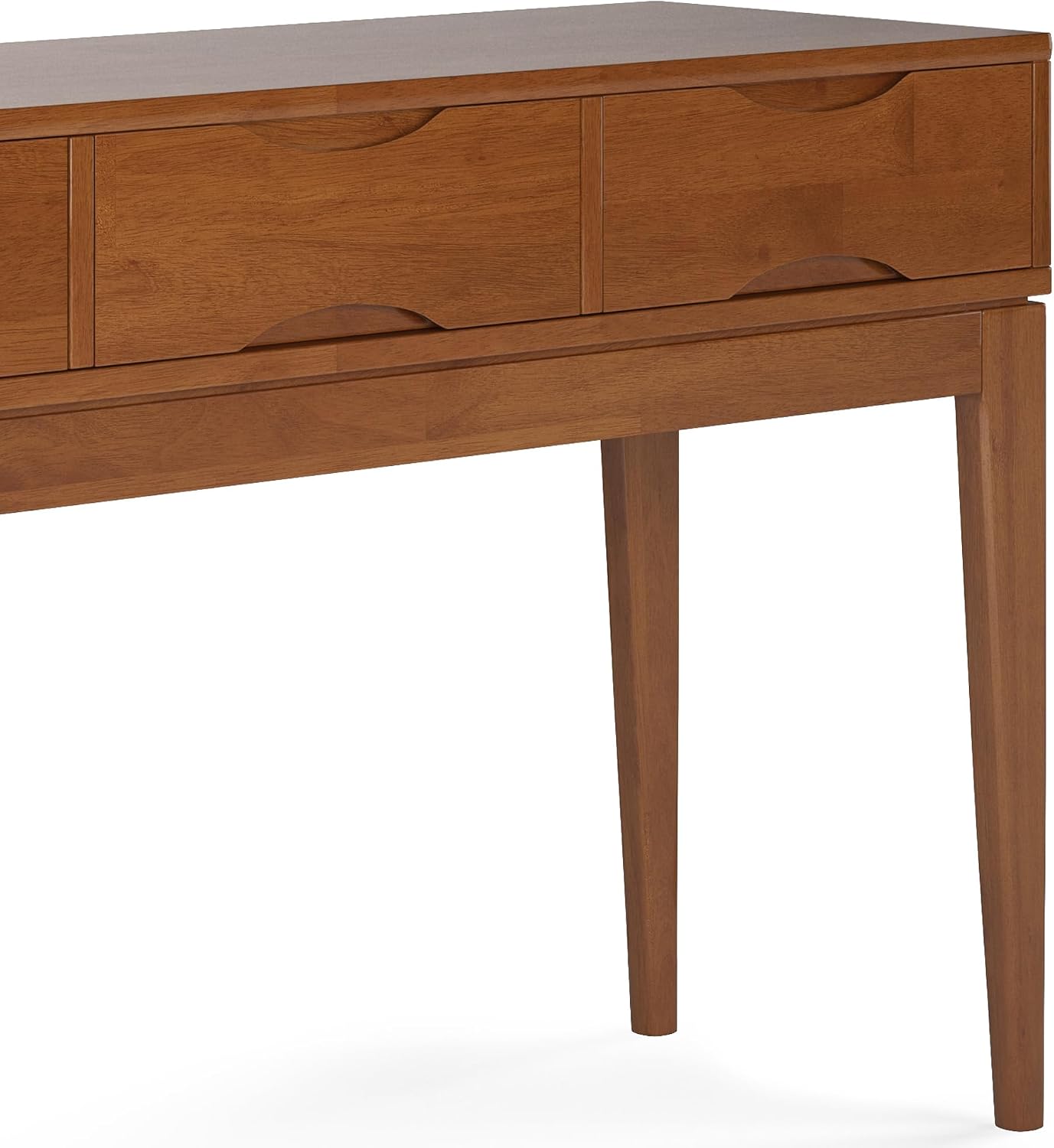 SIMPLIHOME Harper Console Table - 54 Inch Wide Solid Hardwood Sofa Table in Teak Brown, Mid-Century Modern Storage Table for Entryway or Living Room with 3 Drawers, Notched Handles, and Tapered Legs