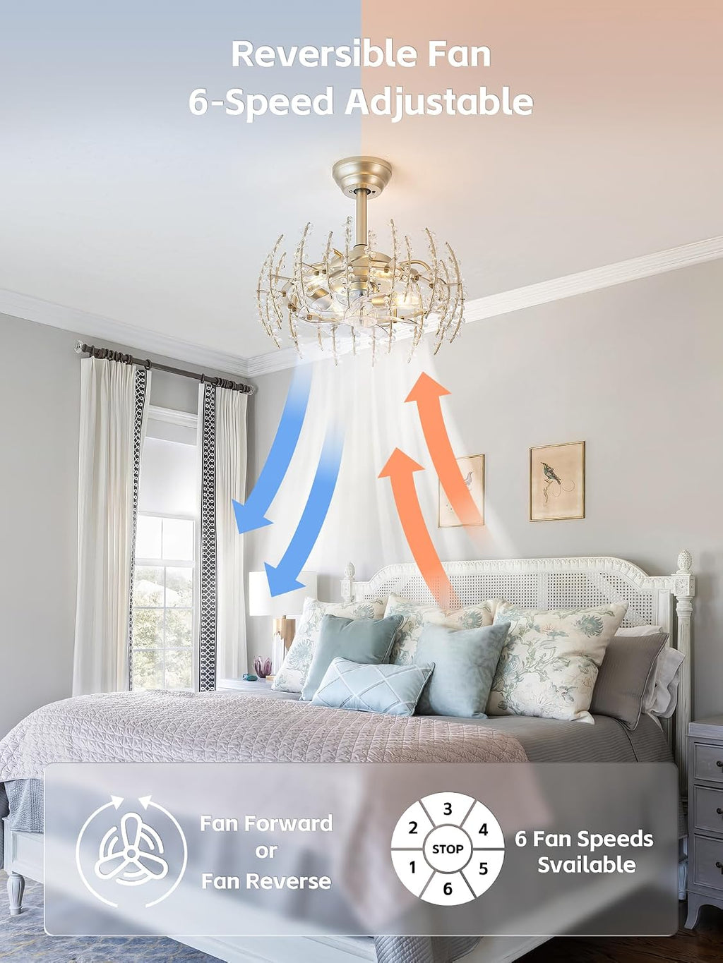 20' Gold Crystal Flower Fandelier Ceiling Fan with Light, Gold Crystal Chandelier Ceiling Fans Remote Control with 6 Speeds for Bedroom, Living Room, Nursery