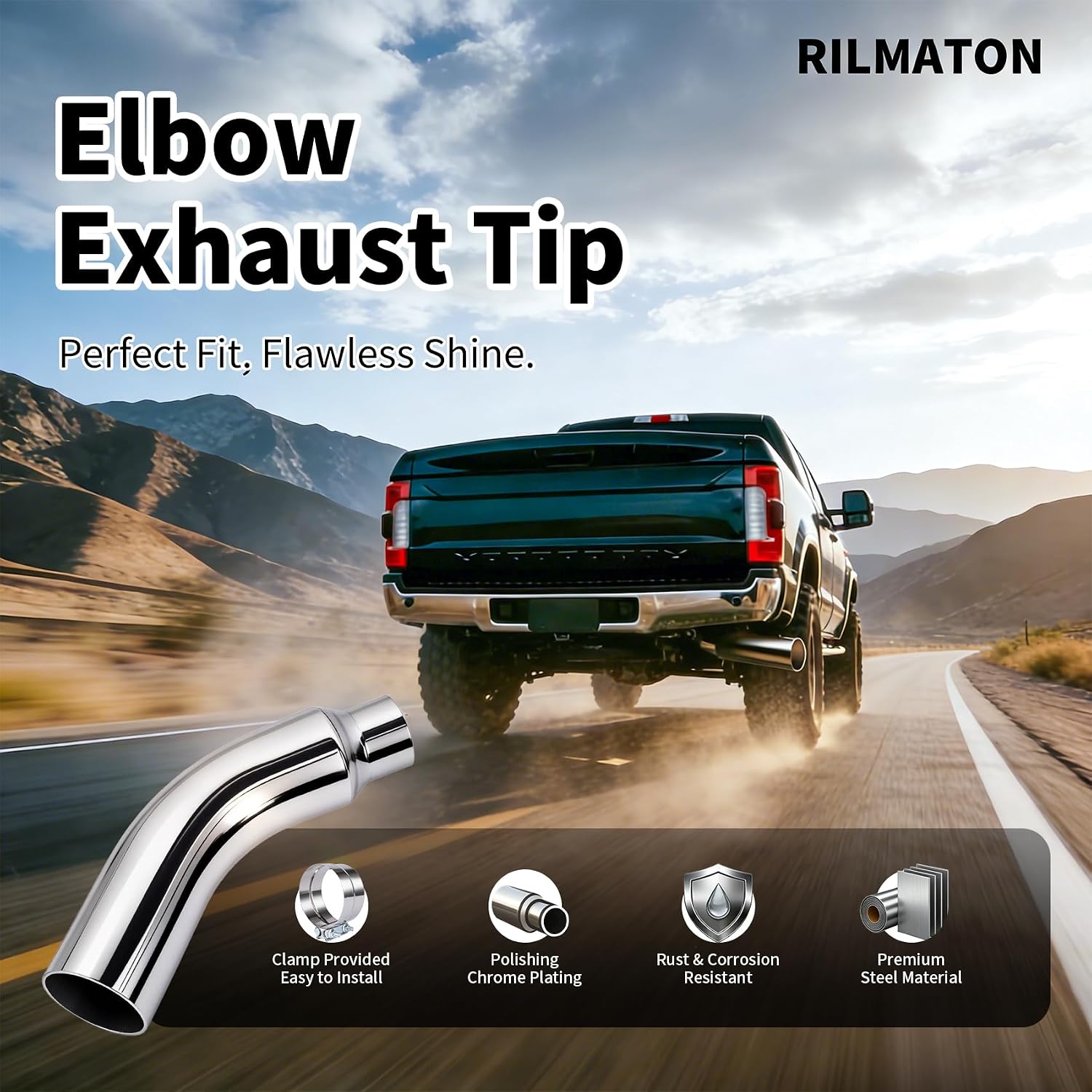 Exhaust Tip Universal 5 to 7 Inch Exhaust Elbow Pipe with Clamp – Chrome Fits Car, Truck & Diesel, Pickup Truck