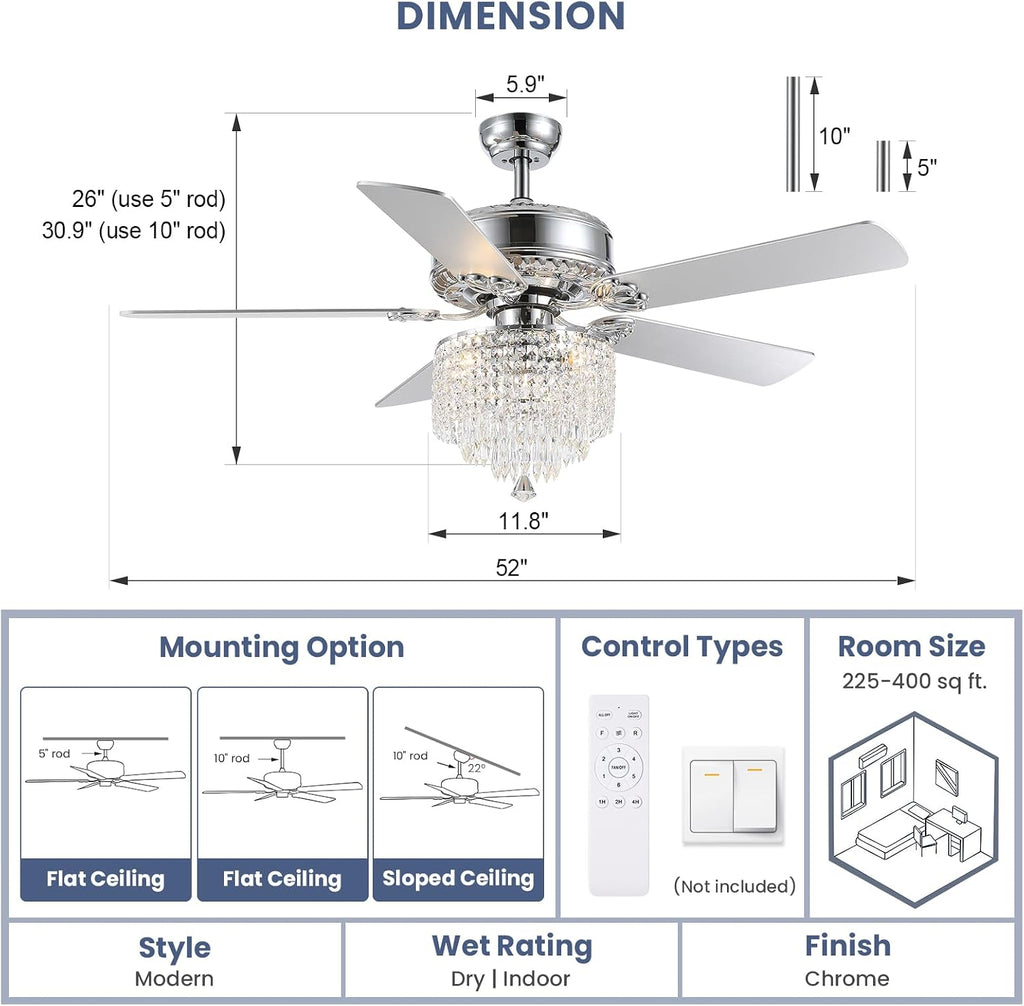 Crystal Ceiling Fan with Lights Modern Chandelier Fan with Remote Chrome Reversible Fan Light Fixture for Bedroom Dining Room 52'