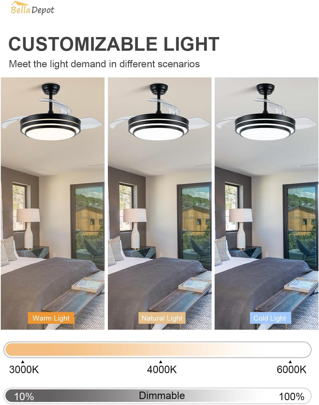 Bella Depot 42 Inch Retractable Ceiling Fan with Dimmable LED Light and Remote with 3 Color Change, Timing Options, Silent Noiseless for Dining Room Bedroom Kitchen (Black, 42')