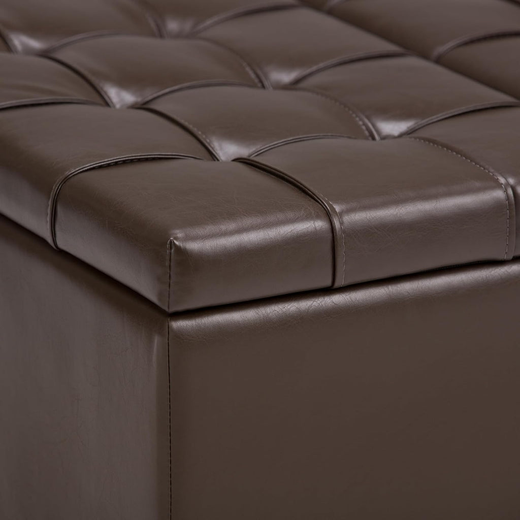 SIMPLIHOME Harrison Coffee Table Storage Ottoman - 36 inch Wide Upholstered Vegan Leather Square Lift-Top Ottoman in Chocolate Brown, Transitional Ottoman for Living Room with Hidden Storage