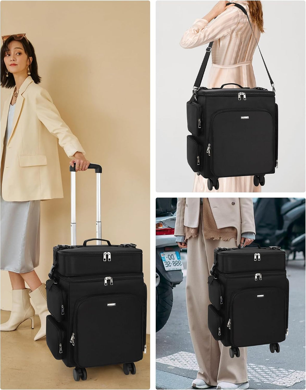 Relavel Rolling Makeup Case, 2 in 1 Hairstylist Traveling Bag Cosmetology Case on Wheels Large Hair Tools Cosmetics Train Case Makeup Artist Storage Organizer Trolley Suitcase with 360° Swivel Wheels
