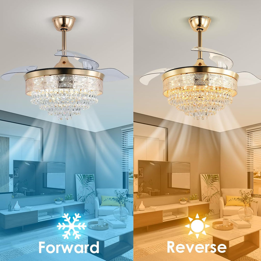 42' Gold Crystal Fandelier Ceiling Fan with Lights, Retractable Blades, Remote Dimmable LED, 3 CCT Color Temp, Memory, Reversible DC Motor, 6 Speed, Timer, Indoor Bedroom Living Room