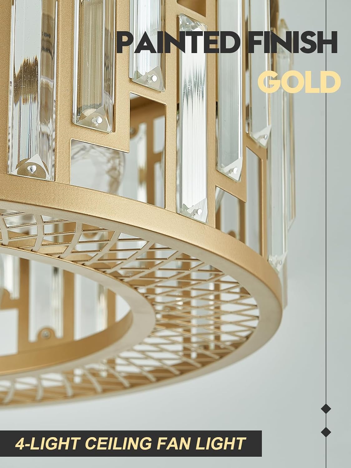 Gold Crystal Fandelier Kitchen Caged Ceiling Fan Light for Bedroom with Remote Control Modern Bladeless Brass Ceiling Fan Lighting Fixture for Dining Room Living Room