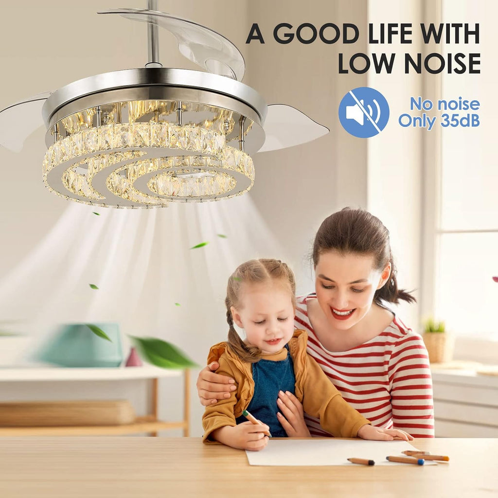 FRIXCHUR 42' Dimmable Fandelier Led Crystal Chandelier Ceiling Fans with Lights and Remote Moon Shape Retractable Chandelier Ceiling Fan for Bedroom Living Room Dining Room 30W*2