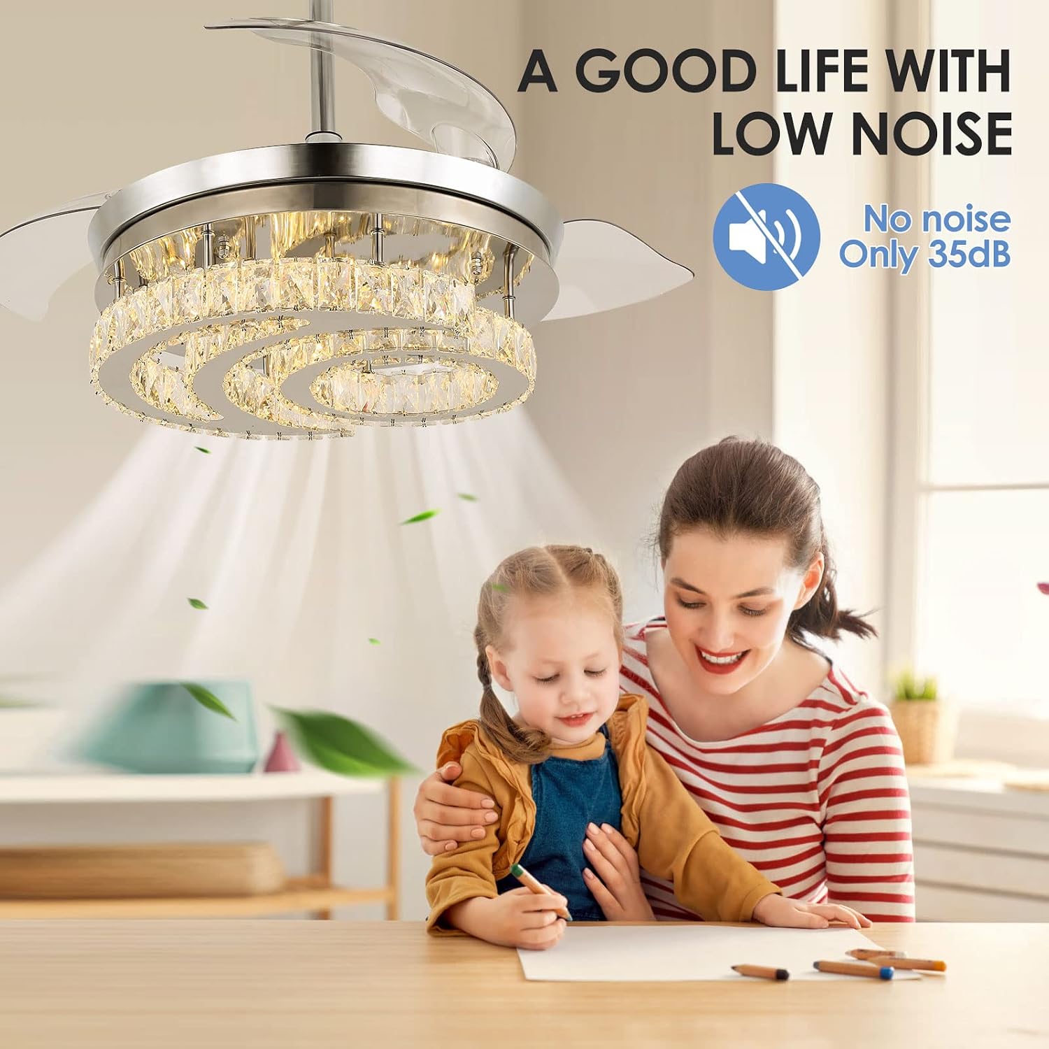 FRIXCHUR 42' Dimmable Fandelier Led Crystal Chandelier Ceiling Fans with Lights and Remote Moon Shape Retractable Chandelier Ceiling Fan for Bedroom Living Room Dining Room 30W*2