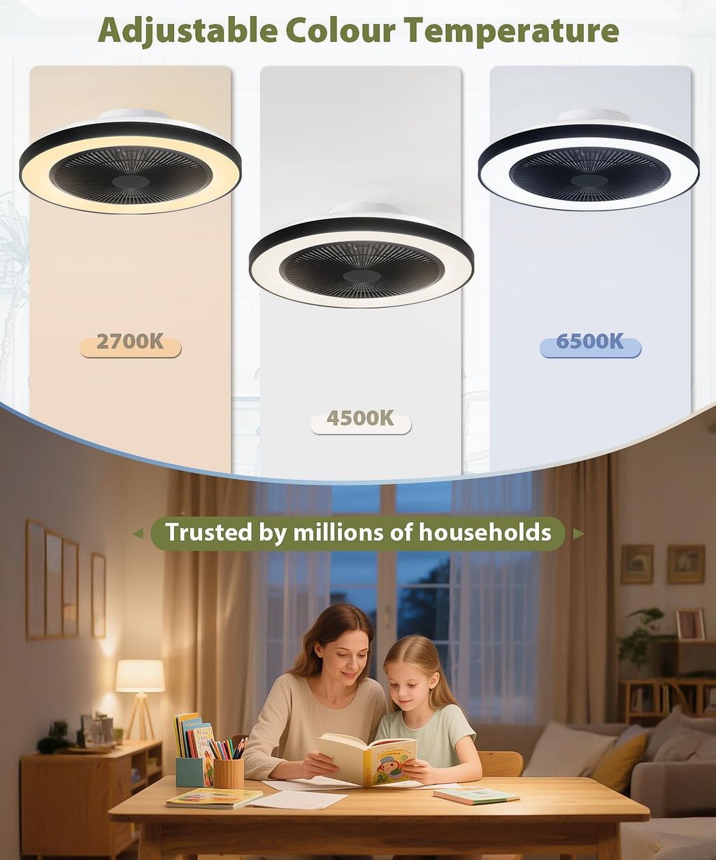 2-in-1 Low Profile Ceiling Fan with Light, 20' Caged Safety Design for Kids - RGB Color, Smart APP/Remote Control, Quiet Flush Mount DC Motor, Ideal for Bedroom/Living Room/Kitchen, Black