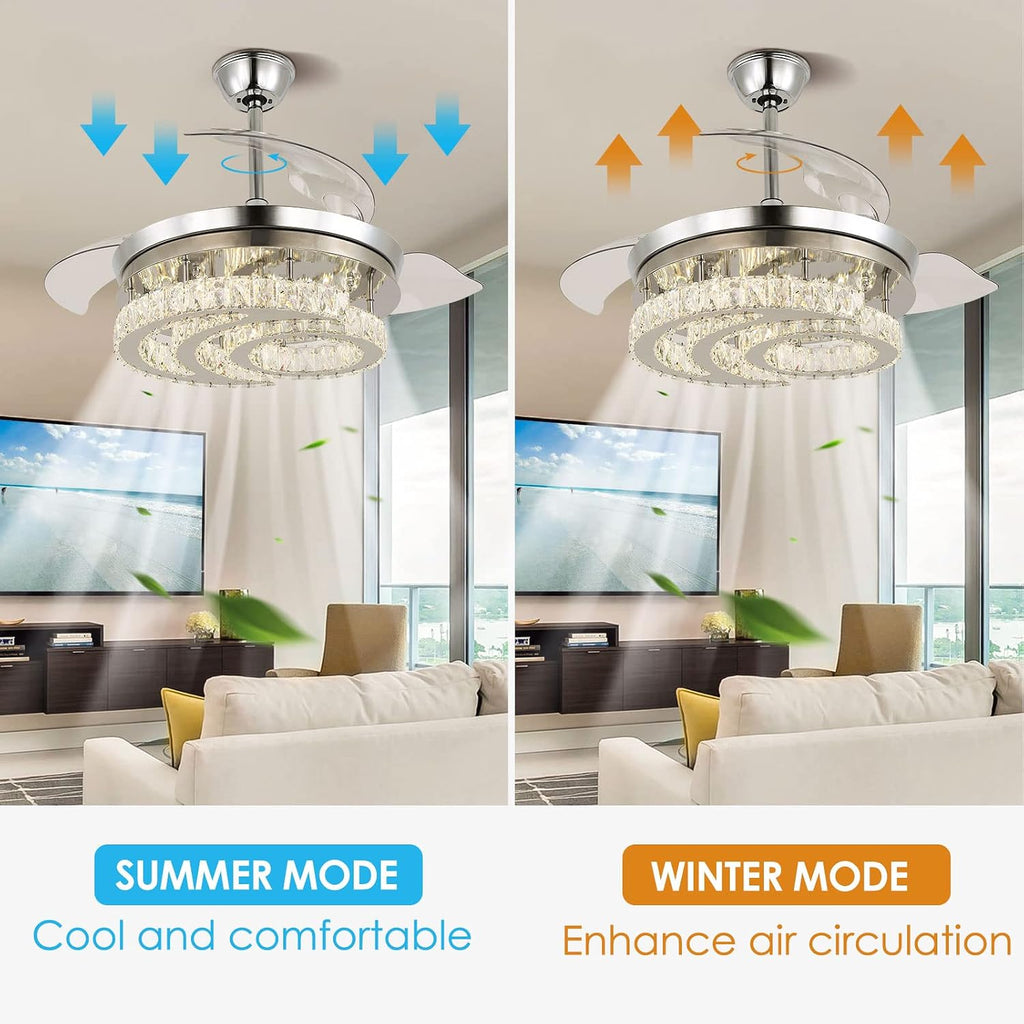 FRIXCHUR 42' Dimmable Fandelier Led Crystal Chandelier Ceiling Fans with Lights and Remote Moon Shape Retractable Chandelier Ceiling Fan for Bedroom Living Room Dining Room 30W*2