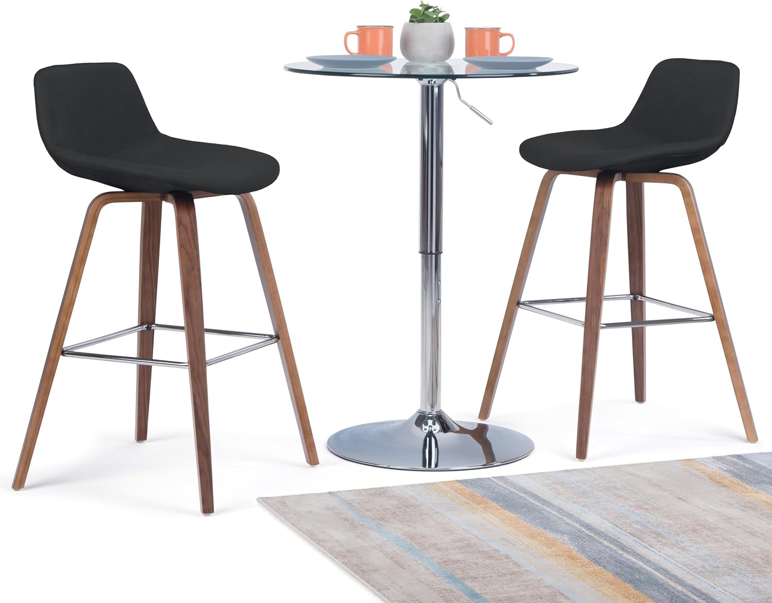 SIMPLIHOME Randolph Counter Stools (Set of 2) - 28 Inch Seat Height Upholstered Bentwood Bar Stools in Black Vegan Faux Leather, Mid Century Modern Seating with Curved Backrest and Chrome Footrest