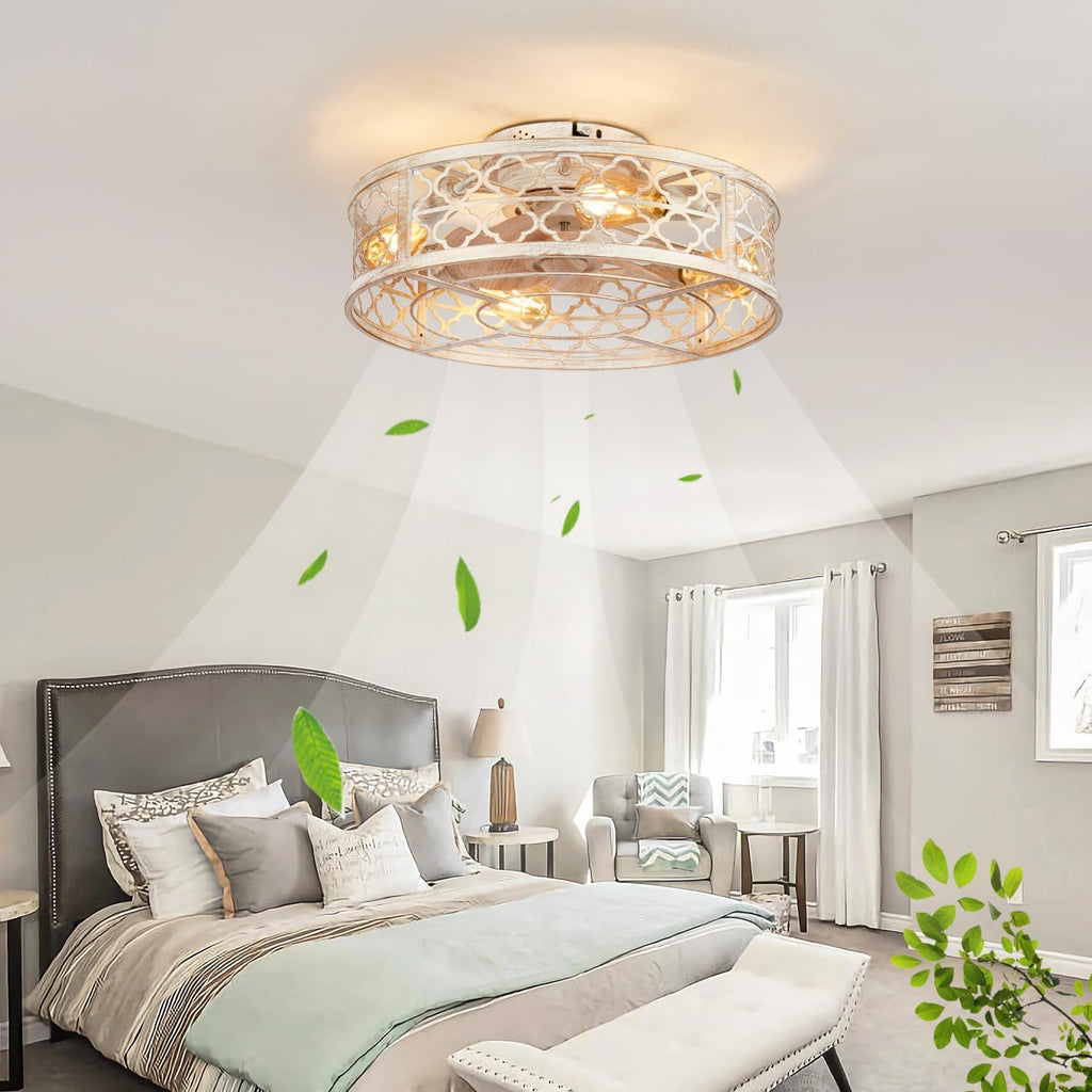 Farmhouse Ceiling Fans with Lights Remote Control,6 Speed Reversible Flush Mount Low Profile Rustic Antique White Ceiling Fan with Light,Boho Bladeless Country Caged Ceiling Light Fixture