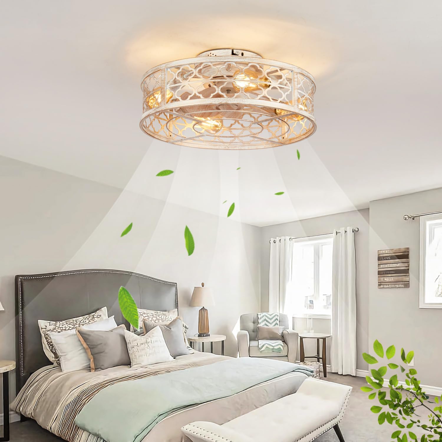 Farmhouse Ceiling Fans with Lights Remote Control,6 Speed Reversible Flush Mount Low Profile Rustic Antique White Ceiling Fan with Light,Boho Bladeless Country Caged Ceiling Light Fixture