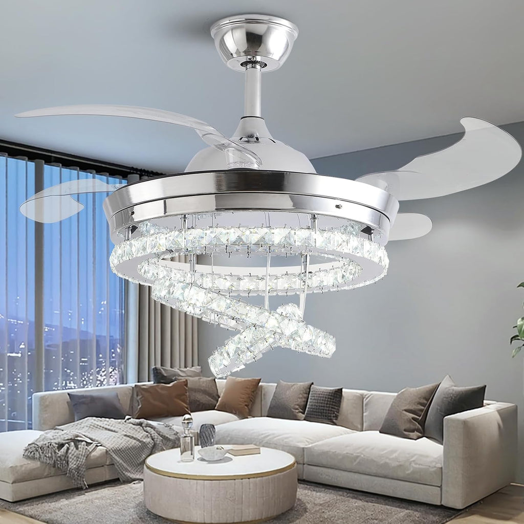42' Crystal Ceiling Fan with Lights,Modern DIY Crystal Chandelier Ceiling Fan with Remote Control,Invisible Retractable Ceiling Fan for Living Room Bedroom Dining Room (Small Crystal, Silver)