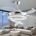 42' Crystal Ceiling Fan with Lights,Modern DIY Crystal Chandelier Ceiling Fan with Remote Control,Invisible Retractable Ceiling Fan for Living Room Bedroom Dining Room (Small Crystal, Silver)