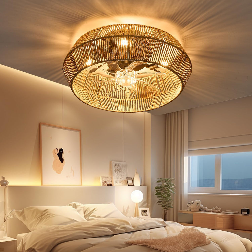 Caged Ceiling Fan with Lights, 18' Boho Ceiling Fans with Lights, Handmade Woven Cage Ceiling Fan, Enclosed Timing 6 Speeds Reversible, for Bedroom Living Room Farmhouse Indoor