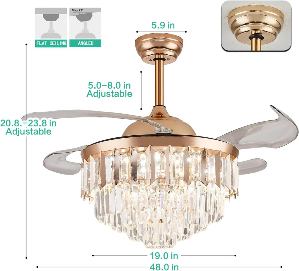48' Dimmable Gold Fandelier Crystal LED Ceiling Fans with Lights and Remote Modern Retractable Blade Ceiling Lighting Fan Kit for Bedroom Dinning Room Living Room