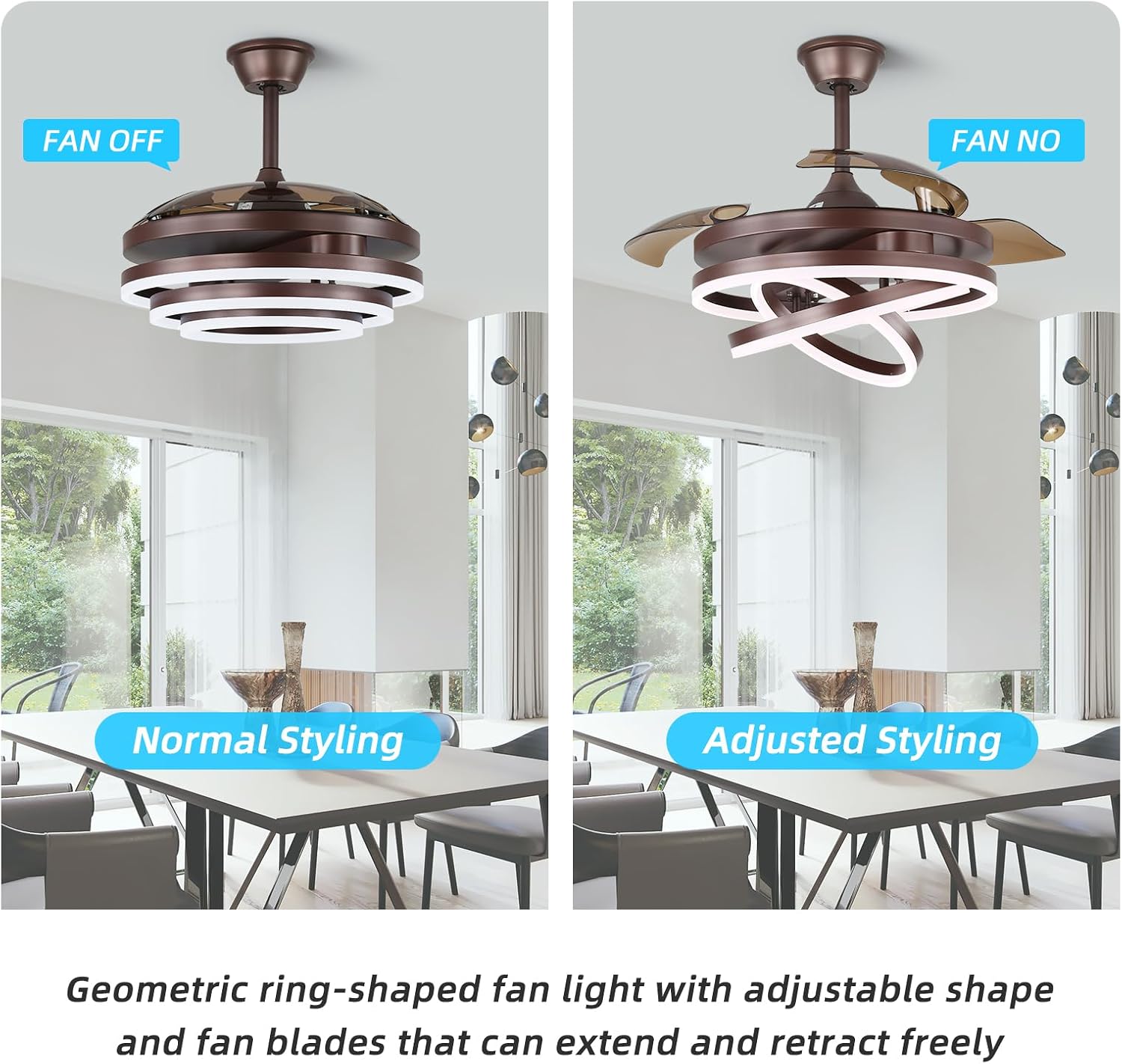 42 Inch Retractable Ceiling Fan, Fandelier Ceiling Fan with Light, Dimmable，Silent DC Motor, 6 Speeds, Brown Chandelier Ceiling Fans with Lights for Bedroom/Living Room/Kitchen/Kis Room/Patio