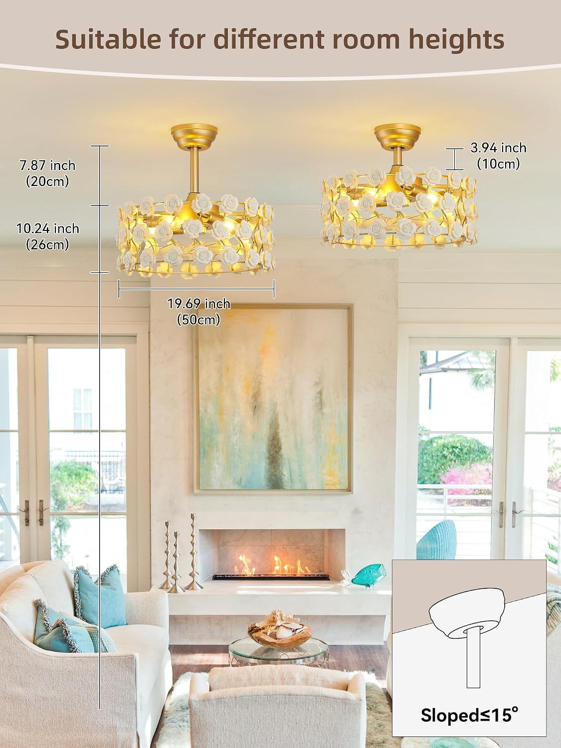 20' Gold Flower Fandelier Ceiling Fans with Lights, Caged Gold Crystal Chandelier Ceiling Fan with Light with 6 Speeds for Bedroom, Nursery, Living Room