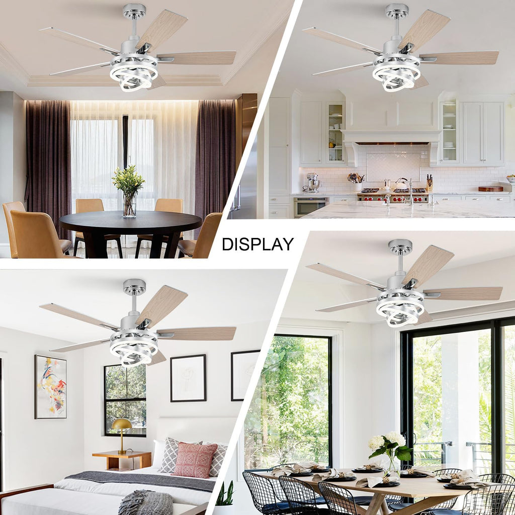 52 Inch Farmhouse Ceiling Fan with Light and Remote Control,Reversible DC Motor,Dimmable,DIY Rings LED,Chandelier Ceiling Fan with 5 Dual Finish Bladesfor Living Room/Dining Room/Bedroom