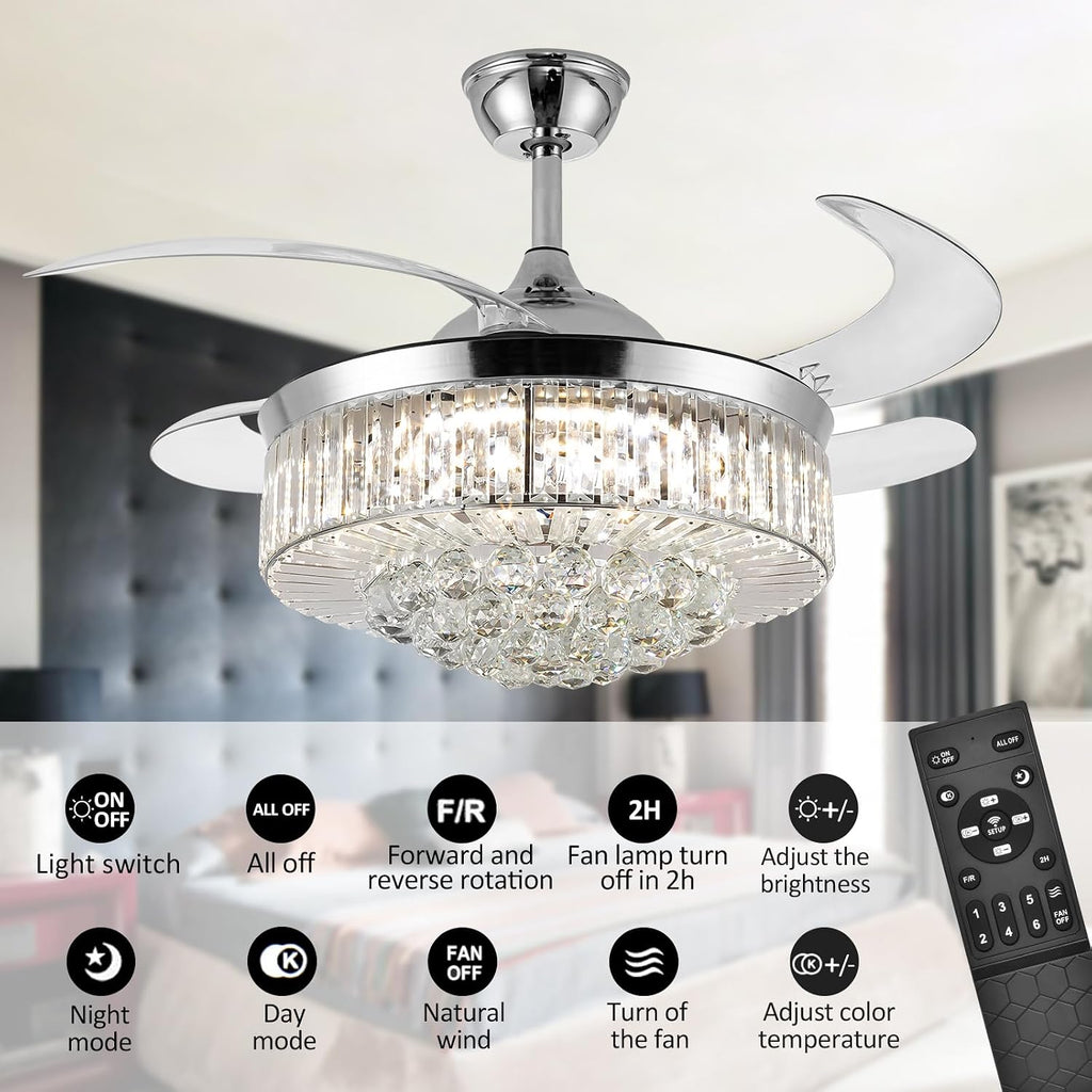 36' Invisible Ceiling Fan Chandelier Light,Modern Crystal Ceiling Fan Light Remote Control 4 Retractable ABS Blades for Bedroom Living Room Dining Room Decoration (Silver)