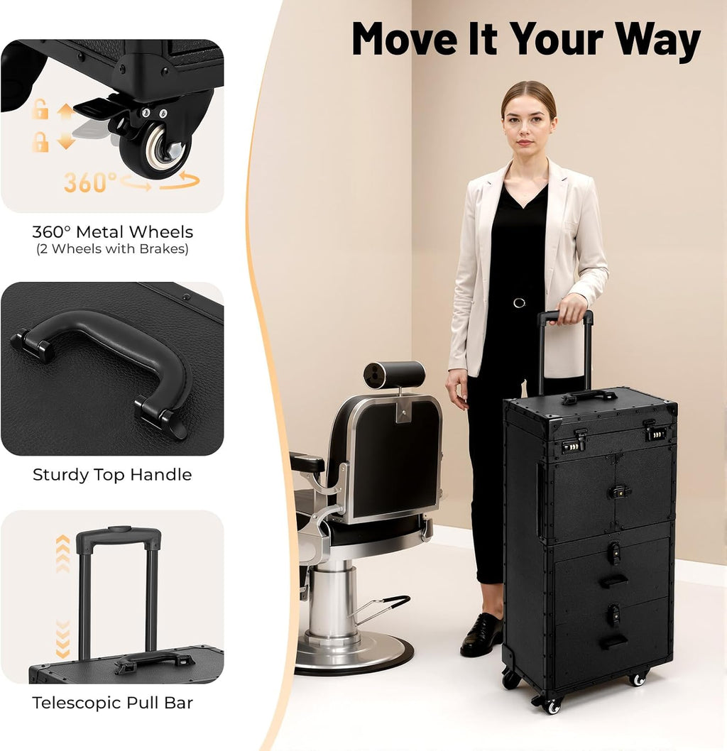 Rolling Lockable Makeup Train Case,Hair Trolley Stylist Salon Trolley Suitcase with Wheels Hairdryer Holder,Beauty Salon Cosmetic Luggage Travel Organizer Tool Box