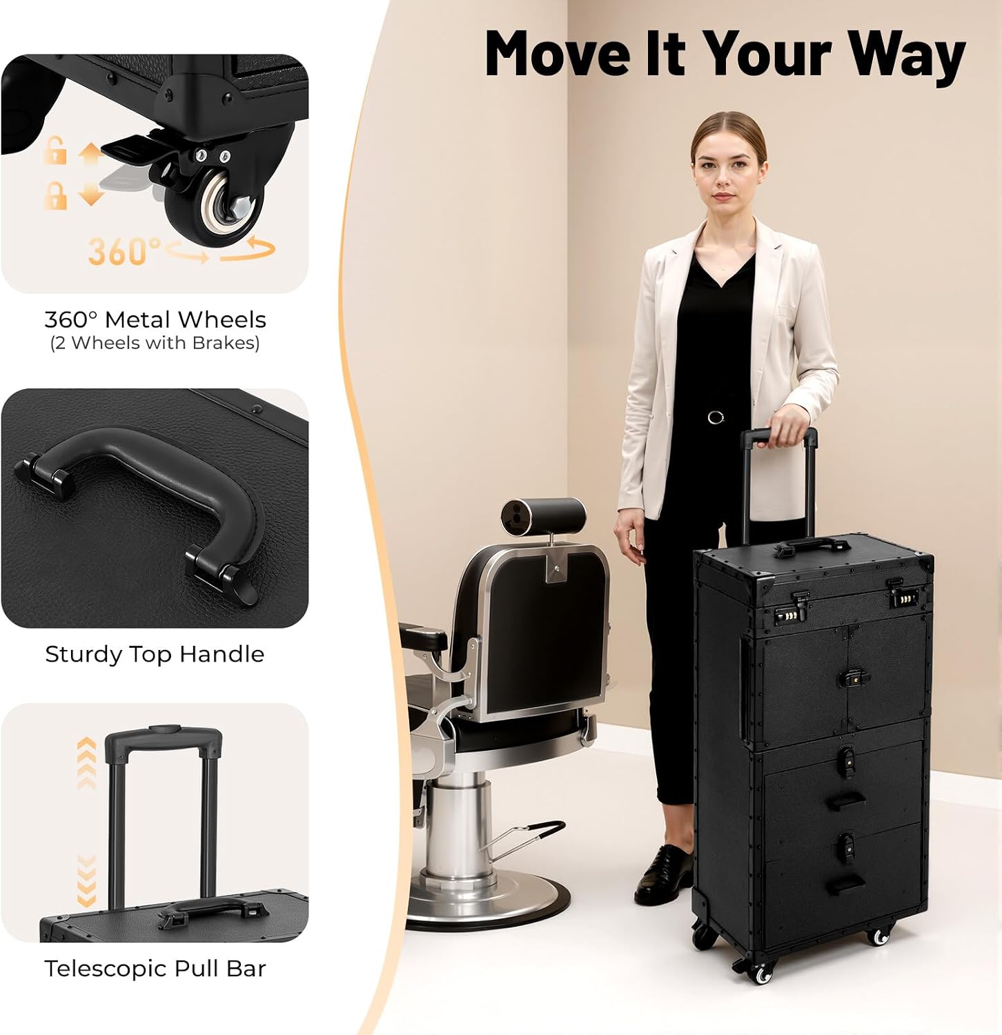 Rolling Lockable Makeup Train Case,Hair Trolley Stylist Salon Trolley Suitcase with Wheels Hairdryer Holder,Beauty Salon Cosmetic Luggage Travel Organizer Tool Box