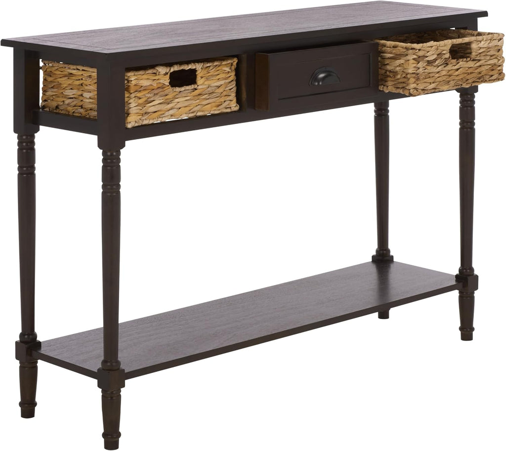 SAFAVIEH Home Collection – Christa Dark Chocolate Console Table, 3-Drawer Storage with Natural Basket Drawers, Coastal Entryway Design (AMH5737F)