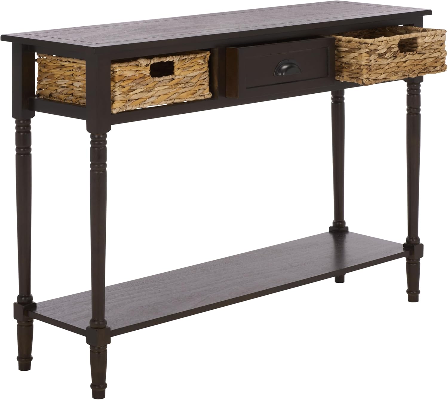 SAFAVIEH Home Collection – Christa Dark Chocolate Console Table, 3-Drawer Storage with Natural Basket Drawers, Coastal Entryway Design (AMH5737F)