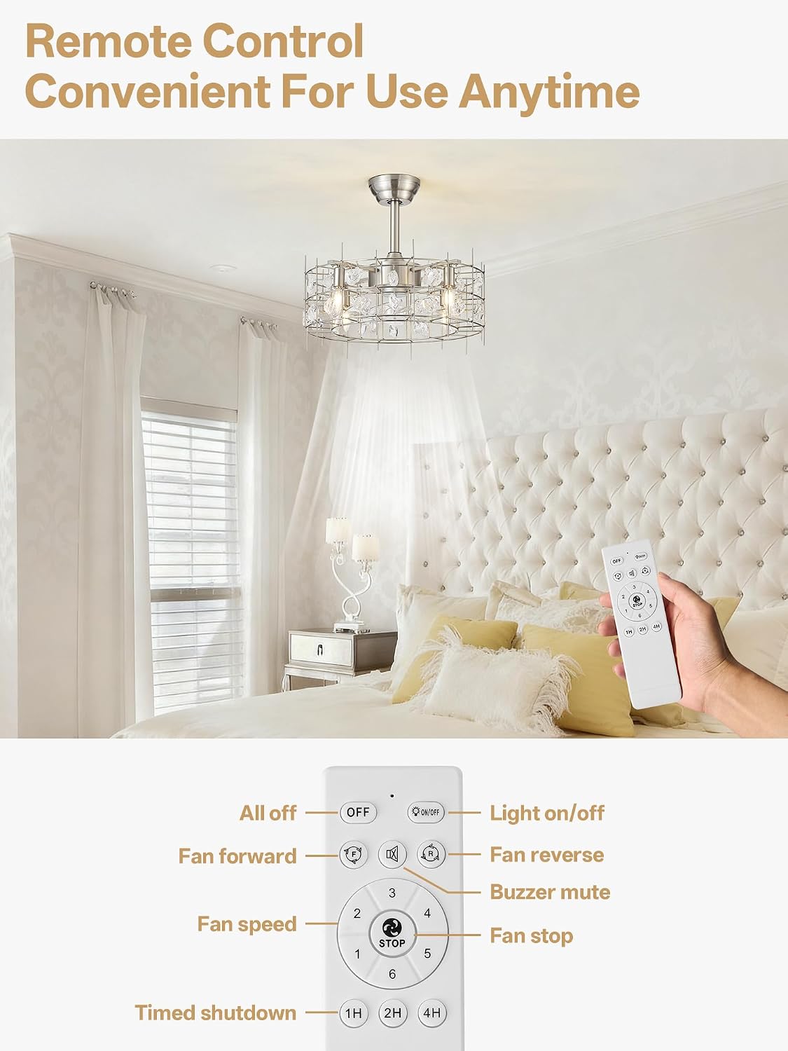 20' Silver Crystal Chandelier Ceiling Fans, Silver Crystal Fandelier Ceiling Fan with Lights Caged, Remote Control 6 Speed for Living Room, Bedroom, Dining Room