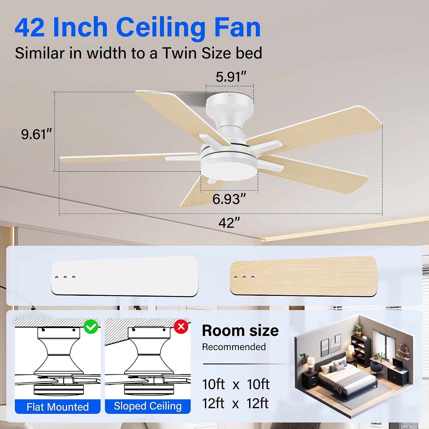 42 Inch Ceiling Fans with lights,RGB Low Profile Ceiling Fan with Light and Remote Control,APP,White Flush Mount Ceiling Fans for Modern Bedroom,Patio,Porch,Outdoor Indoor Use,Dimmable LED,6 Speed