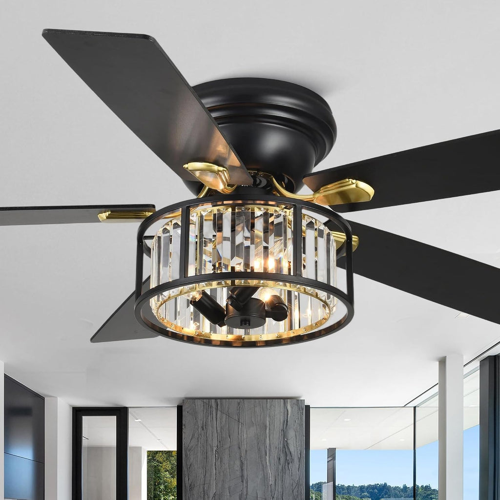 Dawn Whisper 52' Modern Crystal Flush Mount Ceiling Fans with Lights Black | Crystal Chandelier, Low Profile Low Ceilings, Remote Control, Reversible, Noiseless, 6 Speeds, for Living Room Bedroom