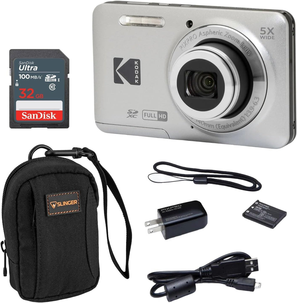 KODAK PIXPRO FZ55-BK 16MP Digital Camera 5X Optical Zoom 28mm Wide Angle 1080P Full HD Video 2.7' LCD Vlogging Camera. Bundle with SD Card and Slinger Camera Bag (Silver)
