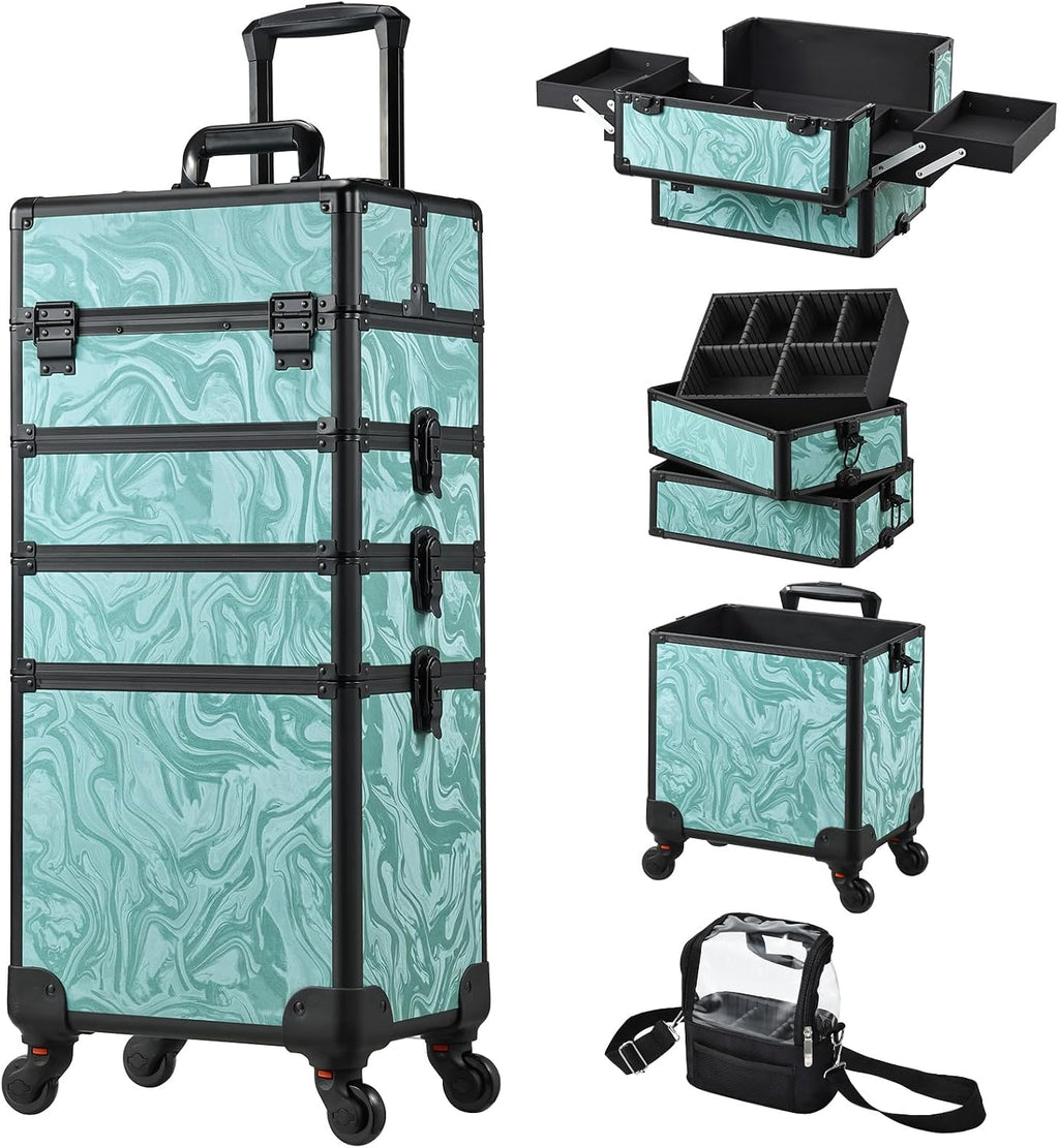 Stagiant Rolling Makeup Case 4 in 1 Cosmetology Case on Wheels Makeup Travel Case with Cosmetic Bag Key Swivel Wheels Salon Barber Case Traveling Cart Trunk Cosmetic Trolley Alpine Blue