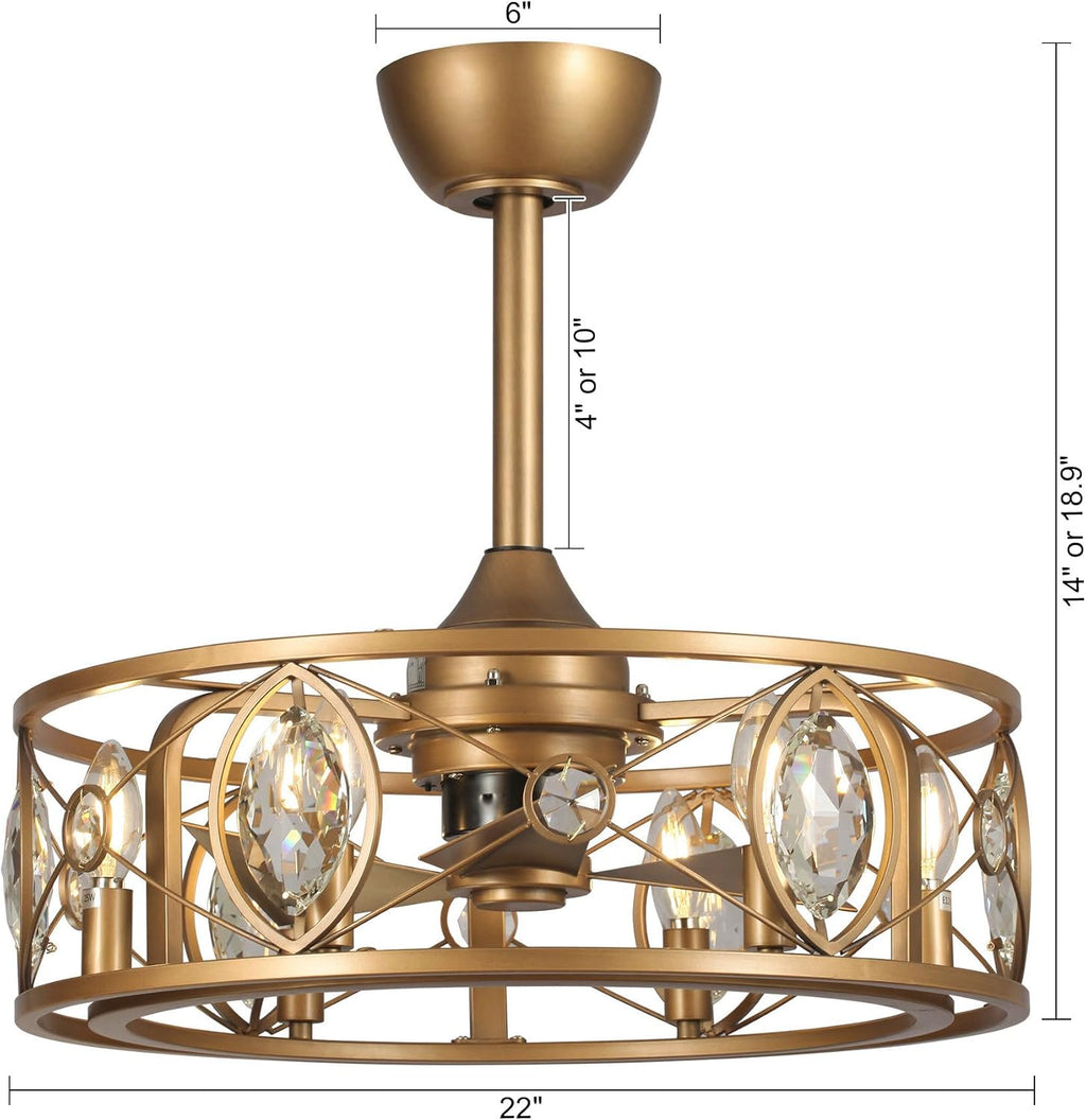 22-Inch Antique Brass Crystal Caged Ceiling Fan with Lights and Remote, Modern Drum Fandelier with Reversible AC Motor, Luxury Enclosed Flush Mount Ceiling Fan for Bedroom Living Room