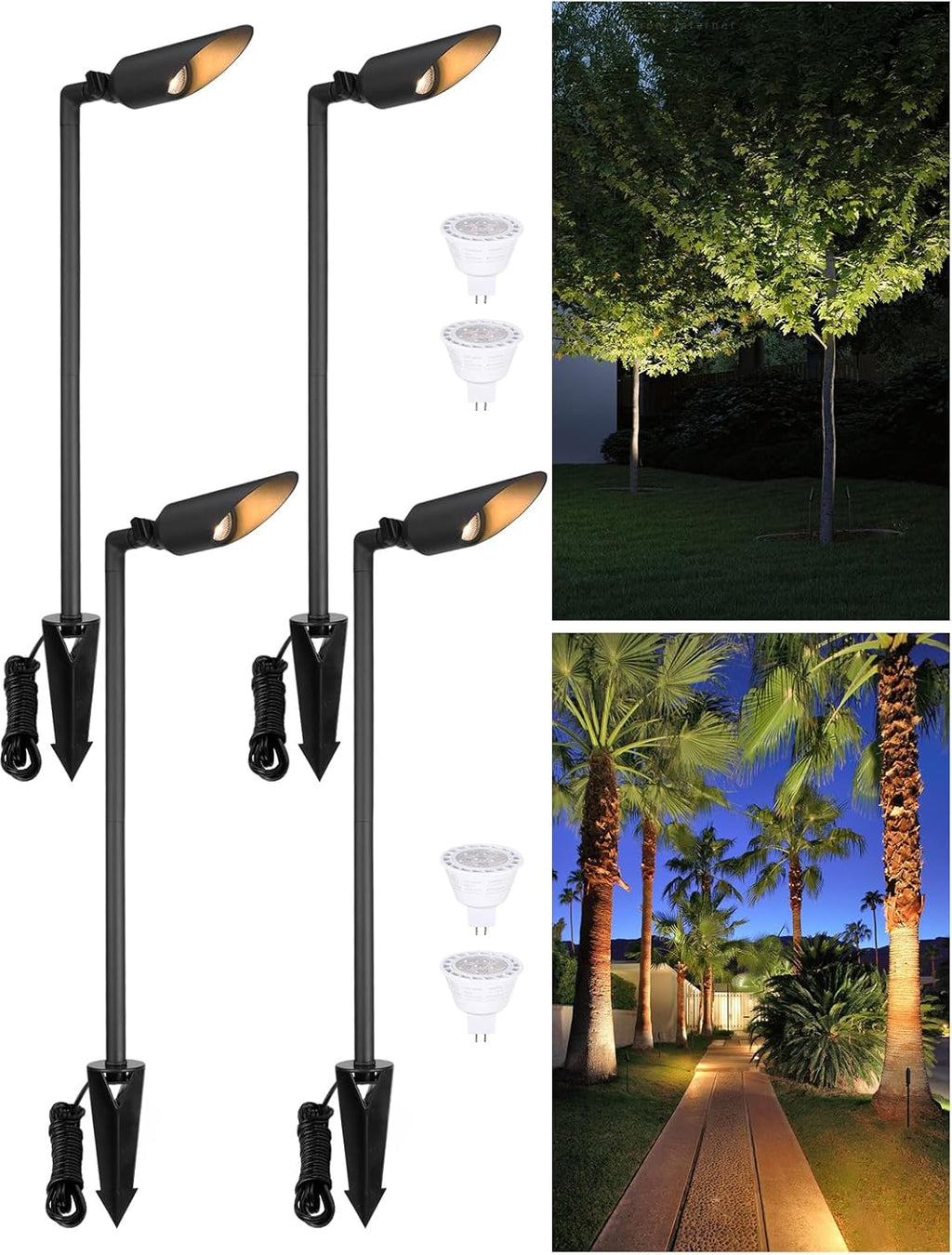 LEONLITE 24 Inch Low Voltage Landscape Spotlight, 12V LED Outdoor Landscape Lighting, with 7W 3000K MR16 Bulbs, Max 50W GU5.3 Base, Die-Cast Aluminum Uplighting for Garden Tree Yard, Black, Pack of 4
