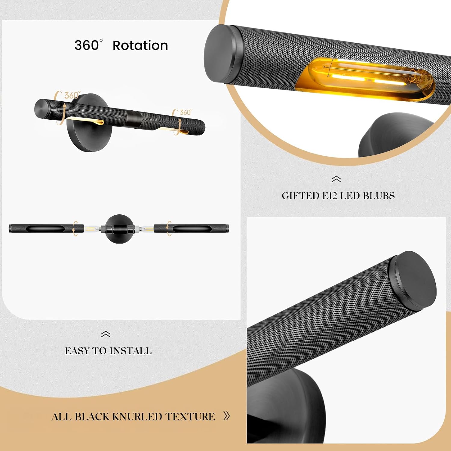 Hard-wired Knurled Picture Light, 30in Black Picture Light for Wall, Dimmable Black Art Lights, Rotatable 360° Sconce for Pictures Frame, Painting Wall Lights, Bathroom Wall Sconce, E12 Bulbs Included