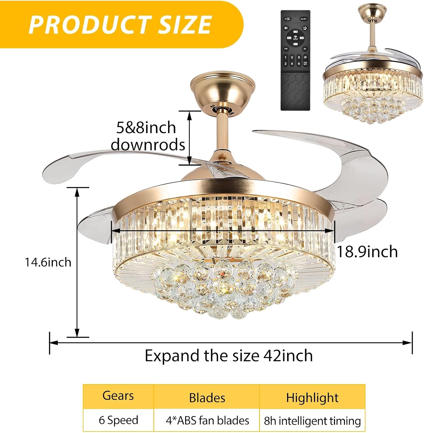42in Crystal Ceiling Fan with Remote, Gold Fandelier Ceiling Fan with Light, 3 Speeds 3 Colors Changes Lighting Fixture, 4 Blades Retractable Chandelier Fan for Bedroom Living Room Dining Room
