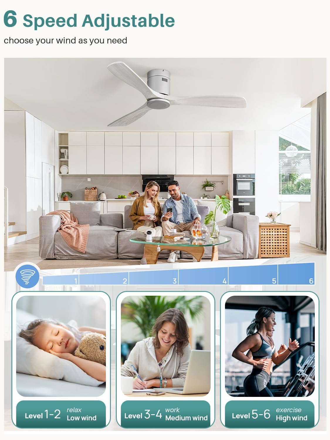 Sofucor Ceiling Fan, 52 Inch, Low Profile, DC, 3 Carved Wood Blades, Flush Mount, Noiseless, Reversible Motor, Remote Control, Without Light, Silver+Grey
