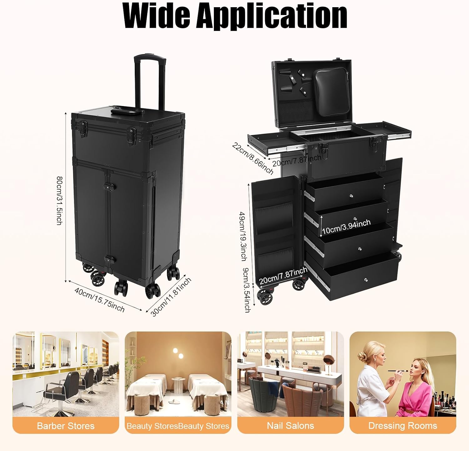 Rolling Makeup Case, Professional Makeup Train Case Cosmetic Trolley with Organizer, Black Makeup Storage Travel Case, for Makeup Artists, Salon, Travel, Beauty Facial Storage Organizer