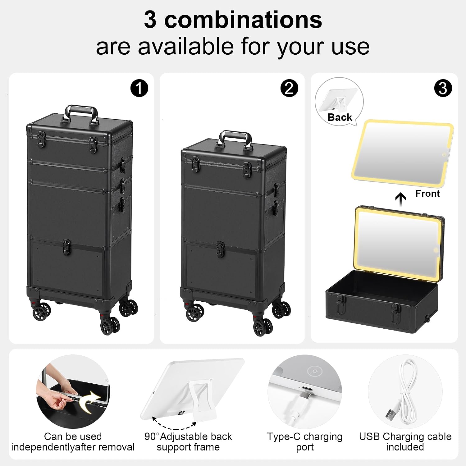 Somduy Makeup Train Case with LED Mirror, Rolling Makeup Case with Drawers, Cosmetology Case on Wheels, Gift, Travel Makeup Organizers, Profesional Cosmetic Case for Salon Barber,Nail,Tattoo, Black