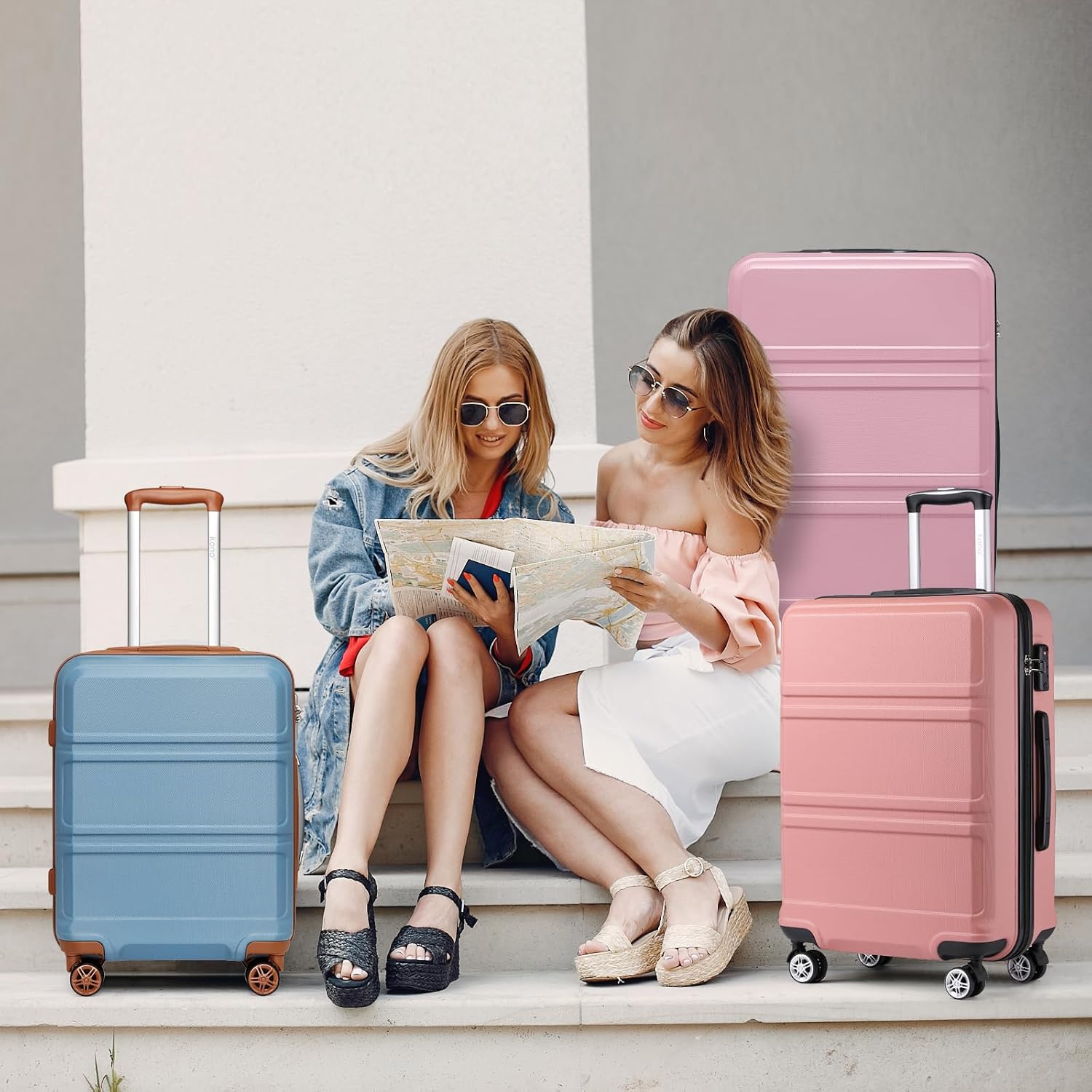 Kono 4 Piece Luggage Sets Expandable(only 28') with Spinner Wheels TSA Lock Lightweight PC+ABS Hardside Travel Rolling Suitcases 20in 24in 28in Carry on and 12in Mini Cosmetic Case Nude/Rose Pink