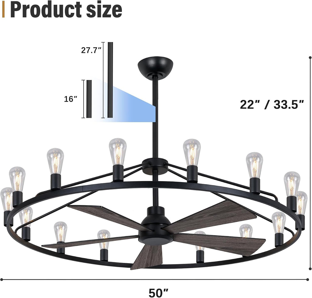 She's home 50' Wagon Wheel Chandelier with Fans, Black Large Farmhouse Ceiling Fan with Light and Remote, 15-Lights Round Rustic Fandelier for Living Room, Dining Room, Height Adjustable
